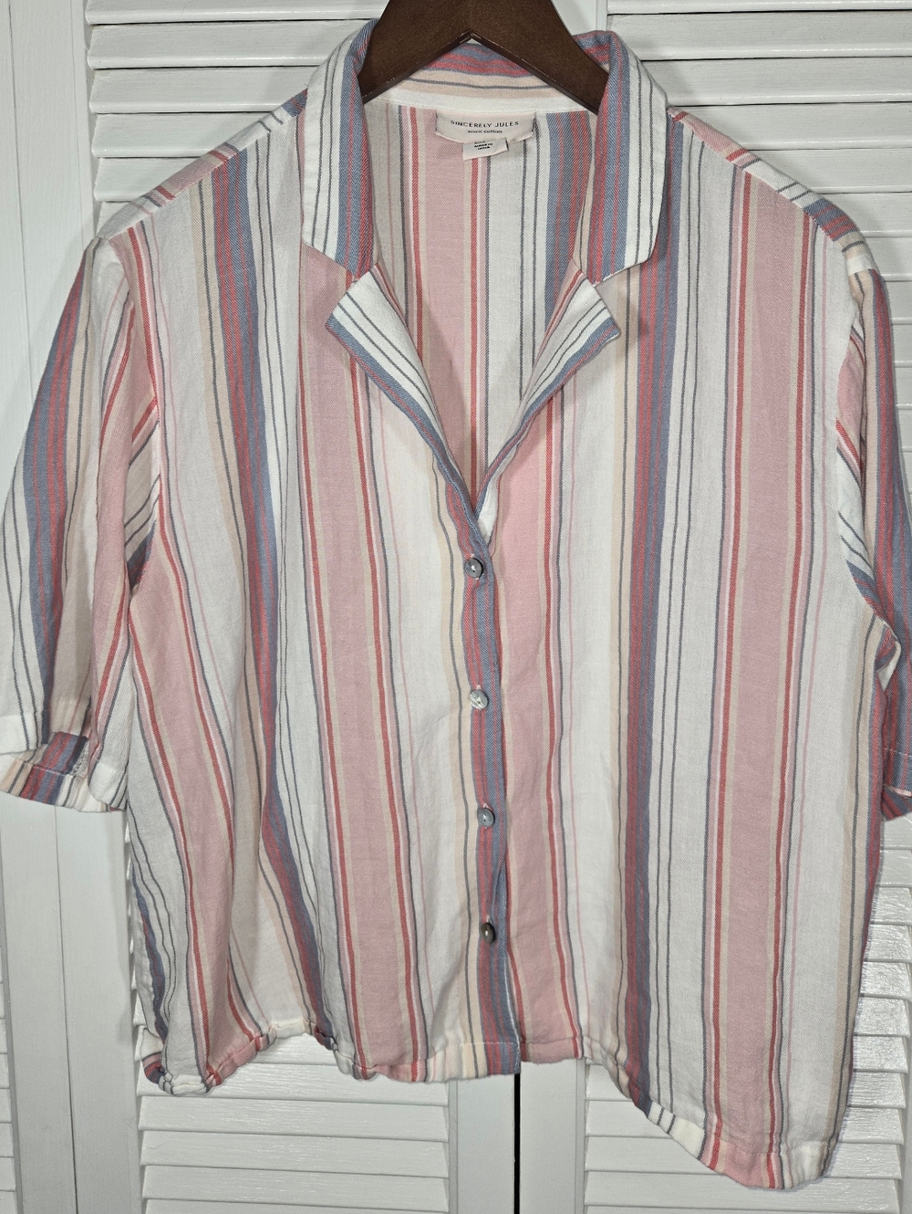 Sincerely Jules Short Sleeve Button Up Relax Cropped Striped Multi Color Shirt L